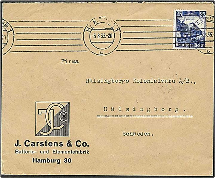 25 pfennig blå på brev fra Hamburg, Tyskland, d. 3.8.1935 til Helsingborg, Sverige.