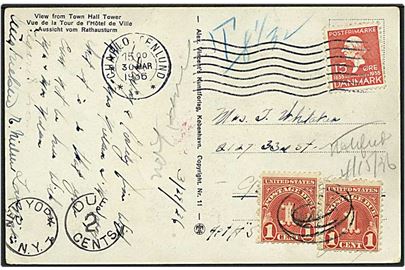 15 øre rød H.C. Andersen på postkort fra Charlottenlund d. 30.3.1936 til New York, USA. Kortet sat i porto med 2 cent.
