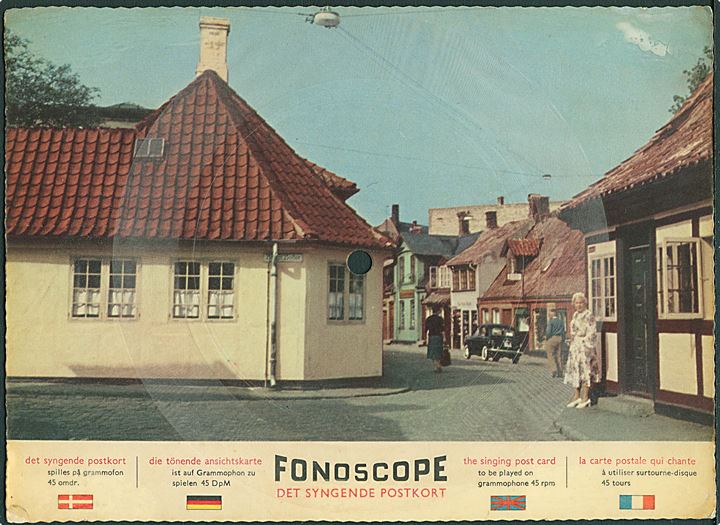 Odense, H. C. Andersen hus. Fonoscope, det syngende postkort med sangen “Around the World”. 15x21 cm. Kvalitet 7