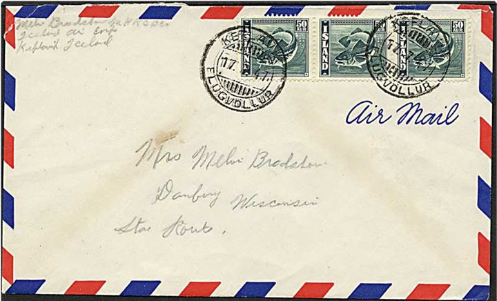 50 aur grøn torsk på luftpost brev fra Keflavik, Island, d. 17.7.1947 til Wisconcin, USA.