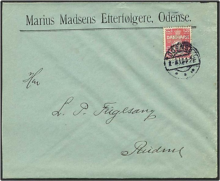 10 øre karminrosa bølgelinie på brev fra Odense d. 2.8.1913 til Rudme. Mærket med perfin M25 - M. Madsen.