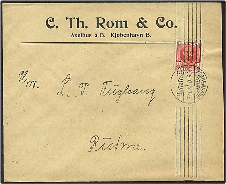 10 øre rød Fr. VIII på brev fra København d. 7.5.1907 til Rudme. Mærket med perfin R10 - C.Th. Rom & Co.