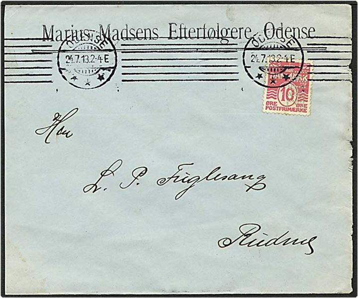 10 øre karminrosa Fr. VIII på brev fra Odense d. 24.7.1913 til Rudme. Mærket med perfin M25 - Marius Madsen.