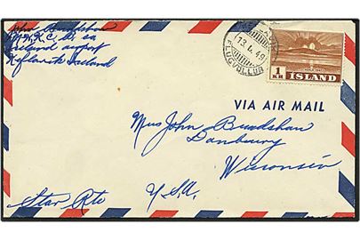1 kr. brun Hekla på luftpost brev fra Keflavik, Island, d. 13.6.1949 til USA.