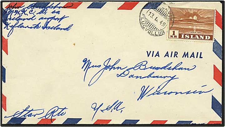 1 kr. brun Hekla på luftpost brev fra Keflavik, Island, d. 13.6.1949 til USA.