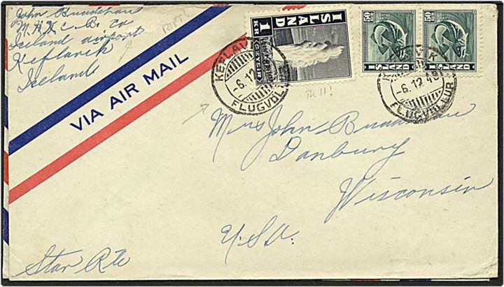 2 kr. porto på luftpost brev fra Keflavik, Island, d. 6.12.1948 til USA.