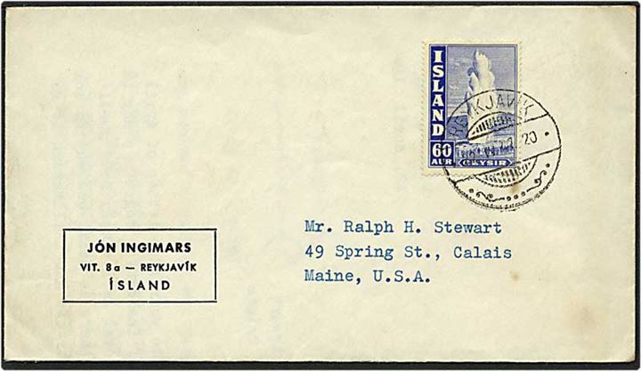60 aur blå Geysir på brev fra Reykjavik, Island, d. 22.11.1947 til USA.