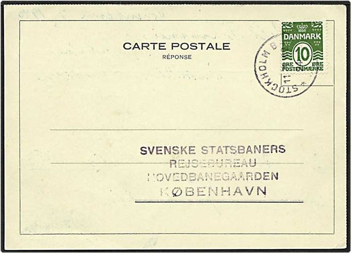 10 øre grøn bølgelinie på svarkort stemplet Stockholm, Sverige, d. 11.3.1940 til København.