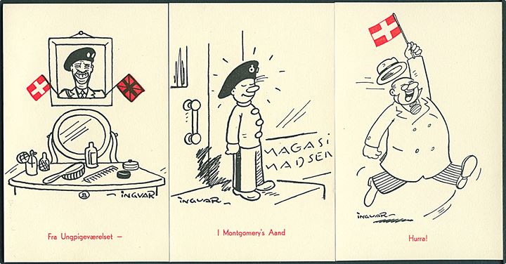 Verdenskrig 2. Ingvar, Axel: “Efter Befrielsen”. Stenders serie 5006. Komplet serie med 10 kort. Kvalitet 9