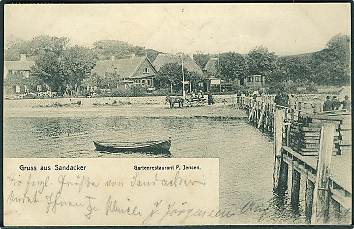 Gruss aus Sandacker. Gartenrestaurant P. Jensen. Carl Speck, 1904.
