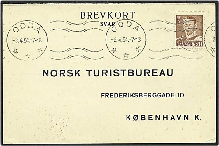 20 øre brun Fr. IX på svarkort sendt fra Odda, Norge, d. 8.4.1954 til København.