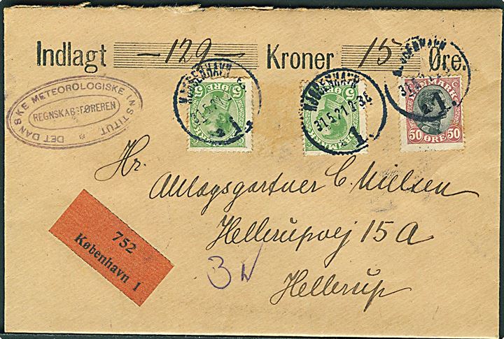 5 øre (2) og 50 øre Chr. X på værdibrev fra Kjøbenhavn d. 31.5.1921 til Hellerup. 