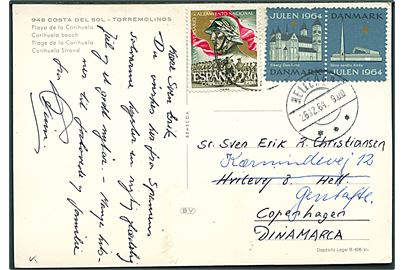 Spansk 2,30 pts. of Dansk Julemærke 1964 i parstykke på brevkort fra Costa del Sol til Hellerup, Danmark - eftersendt fra Hellerup d. 26.12.1964 til Gentofte.