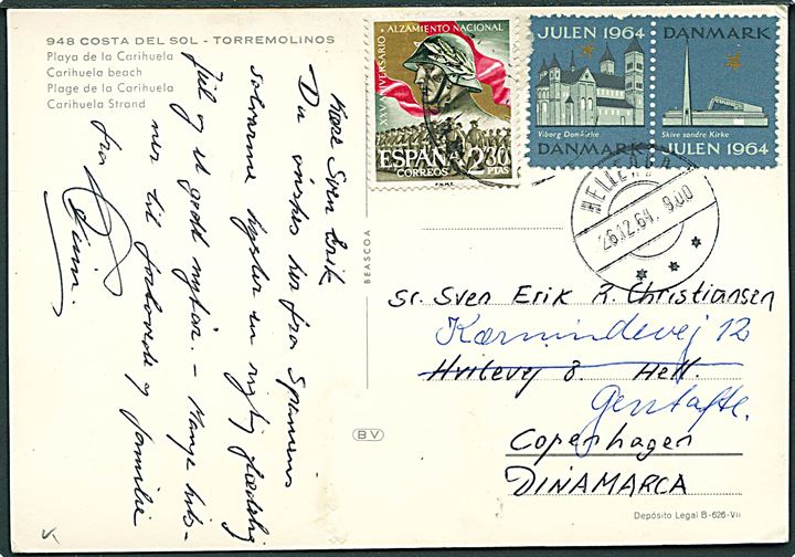 Spansk 2,30 pts. of Dansk Julemærke 1964 i parstykke på brevkort fra Costa del Sol til Hellerup, Danmark - eftersendt fra Hellerup d. 26.12.1964 til Gentofte.