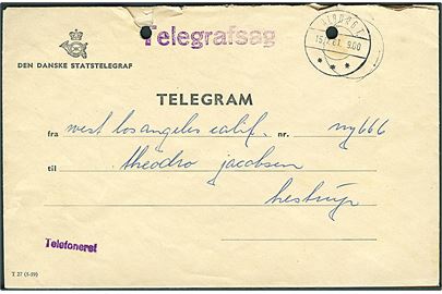 Den danske Statstelegraf Telegram sendt som Telegrafsag med sjældent brotype IId Ålborg T. d. 15.7.1961. Desværre med 2 arkivhuller.