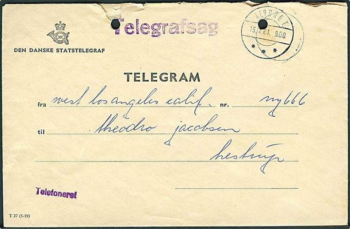 Den danske Statstelegraf Telegram sendt som Telegrafsag med sjældent brotype IId Ålborg T. d. 15.7.1961. Desværre med 2 arkivhuller.