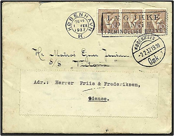 10 øre brun Hans Tavsen på brev fra København d. 1.2.1937 videresendt til Odense.