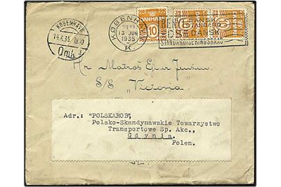 10 øre orange bølgelinie på brev fra København d. 13.6.1935 videresendt til Gdynia, Polen.