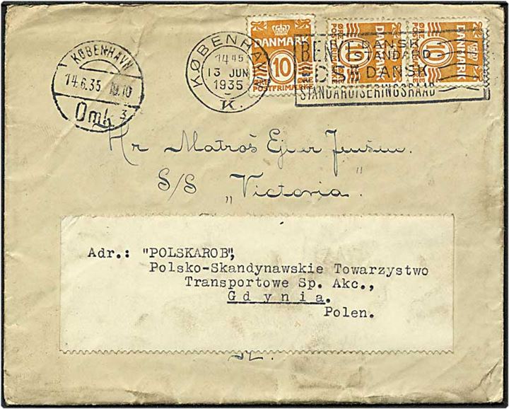 10 øre orange bølgelinie på brev fra København d. 13.6.1935 videresendt til Gdynia, Polen.