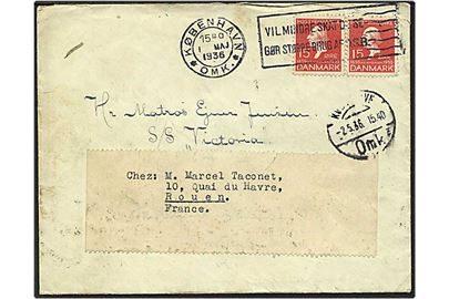 15 øre rød H.C. Andersen på brev fra København d. 1.5.1936 videresendt til Rouen, Frankrig.