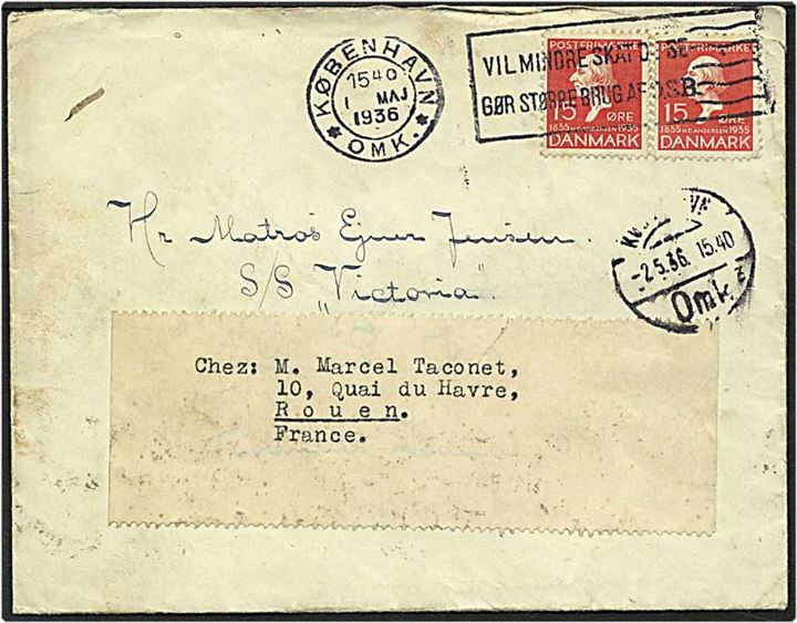 15 øre rød H.C. Andersen på brev fra København d. 1.5.1936 videresendt til Rouen, Frankrig.