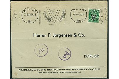 7 øre V-provisorium single på tryksag fra Oslo d. 3.9.1941 til Korsør, Danmark. Passér stemplet Ao og Ak.
