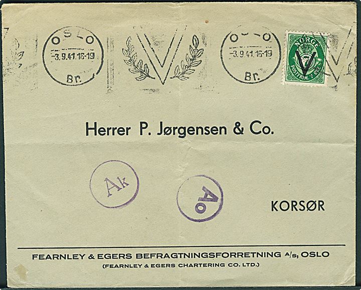7 øre V-provisorium single på tryksag fra Oslo d. 3.9.1941 til Korsør, Danmark. Passér stemplet Ao og Ak.
