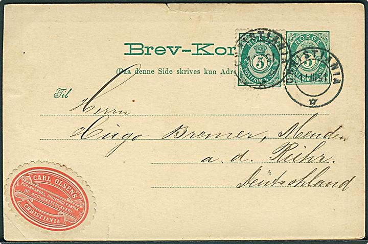 5 øre helsagsbrevkort opfrankeret med 5 øre Posthorn fra Christiania d. 11.3.1891 til Menden a.d. Ruhr, Tyskland.