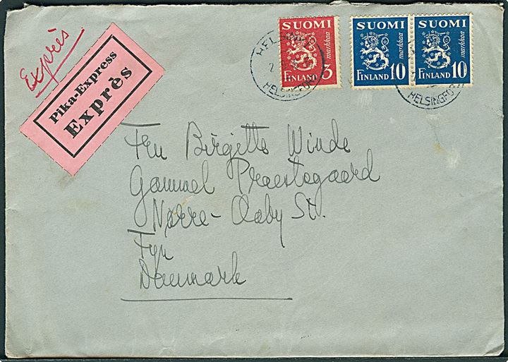 3 mk. og 10 mk. (par) Løve på ekspresbrev fra Helsingfors d. 2.9.1946 til Nørre Aaby, Danmark.