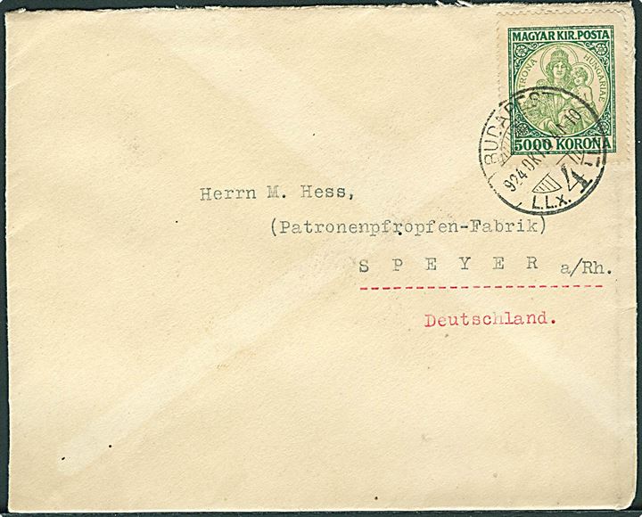 5000 kr. Infla udg. på brev fra Budapest d. 14.10.1924 til Speyer, Tyskland.