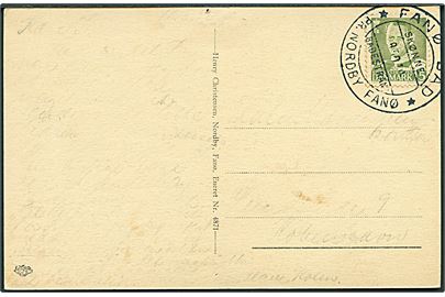 15 øre Fr. IX på brevkort annulleret med turst pr.-stempel Fanø Bad * Skønne Badestrande * pr. Nordby Fanø d. x.8.1950 til København. Meddelelse skrevet med svag blyant.