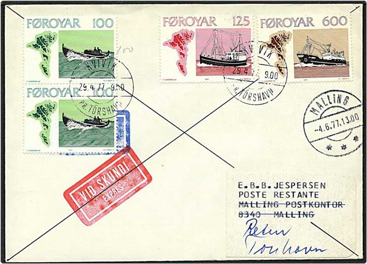 1, 1,25, og 6 kr. fiskerbåde på expres brev fra Kvivik d. 29.4.1977 til Malling. Brevet er returneret.