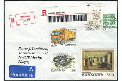 Blandingsfrankeret filatelistisk anbefalet brev annulleret med postsparestempel Pandrup d. 3.6.2005 til Mosby, Norge.