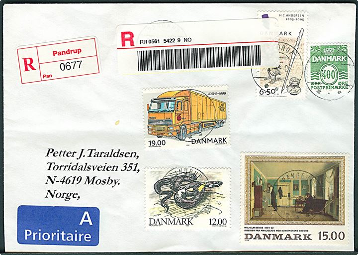Blandingsfrankeret filatelistisk anbefalet brev annulleret med postsparestempel Pandrup d. 3.6.2005 til Mosby, Norge.
