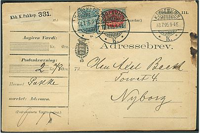 8 øre Tofarvet og 20 øre Våben på adressebrev for pakke fra Kjøbenhavn d. 18.7.1895 til Nyborg.