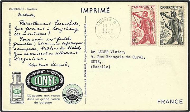 Postkort med medicinreklame fra Cameron d. 15.4.1953 til Frankrig.