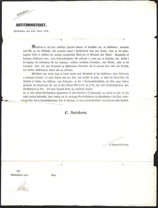 1870. Cirkulære fra Justitsministeriet af 23.3.1870 vedr. kakkelovne i dårlig forfatning udsendt fra Hvetbo Herred til Sognefoged i Alstrup.