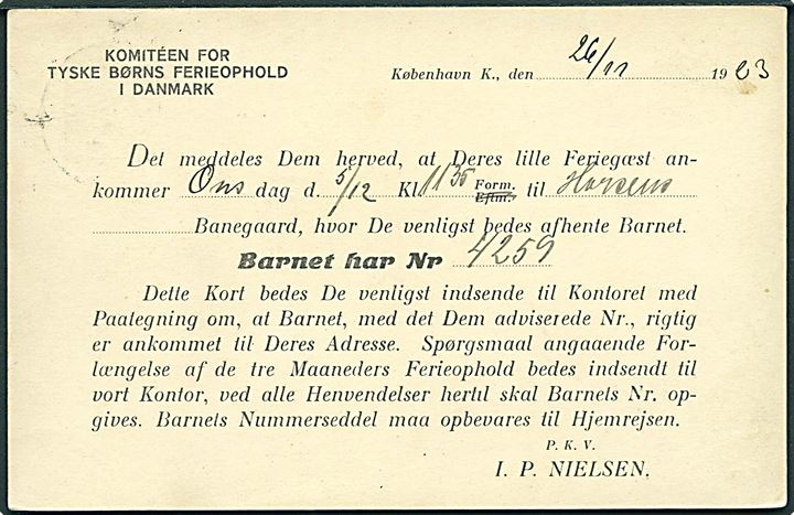 15 øre Chr. X helsagsbrevkort (fabr. 72-H) med fortrykt meddelelse fra Komiteen for tyske Børns Ferieophold i Danmark annulleret med bureaustempel Kjøbenhavn - Fredericia T.49(?) d. 30.11.1923 til Horsens.