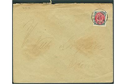8 øre Tofarvet omv. rm. på brev annulleret med lapidar Aabybro d. 21..1902 til Odense.
