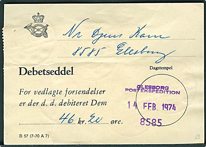 1,20 kr. og 4,50 kr. (10) på bagsiden af debetseddel stemplet Glesborg d. 14.2.1974.