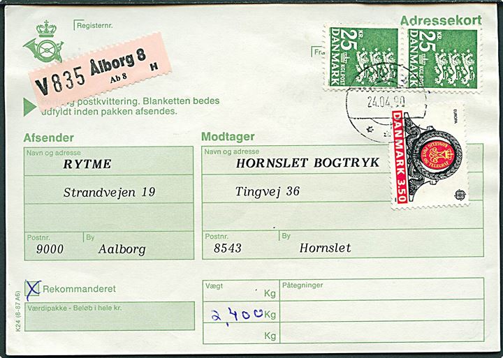 3,50 kr. Europa udg. og 25 kr. Rigsvåben (2) på adressekort for pakke annulleret med postsparestempel Ålborg 8 d. 24.4.1990 til Hornslet.