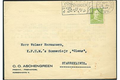 15 øre Chr. X på brevkort fra København d. 16.7.1948 til K.F.U.M.s Sommerlejr Glænø pr. Starreklinte.