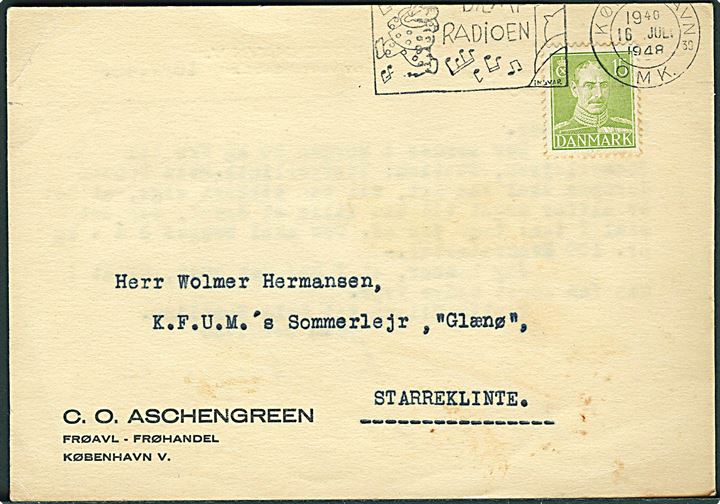 15 øre Chr. X på brevkort fra København d. 16.7.1948 til K.F.U.M.s Sommerlejr Glænø pr. Starreklinte.