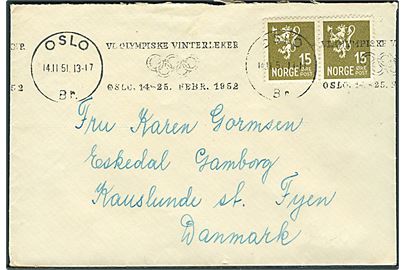 15 øre Løve i parstykke på brev annulleret med TMS VI. Olympiske Vinterleker Oslo 14.-25. Febr. 1952/Oslo d. 14.11.1951 til Gamborg pr. Kauslunde St., Danmark. 