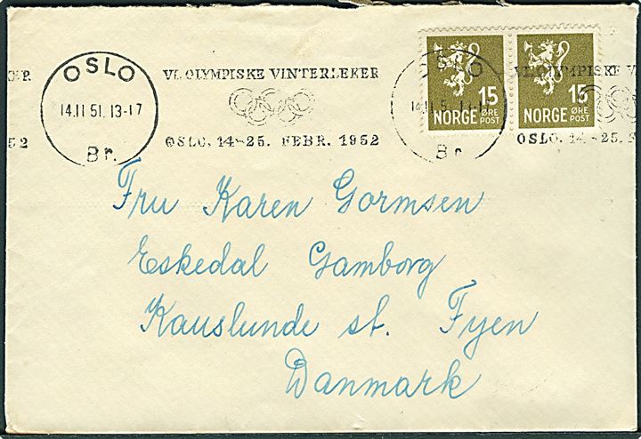 15 øre Løve i parstykke på brev annulleret med TMS VI. Olympiske Vinterleker Oslo 14.-25. Febr. 1952/Oslo d. 14.11.1951 til Gamborg pr. Kauslunde St., Danmark. 