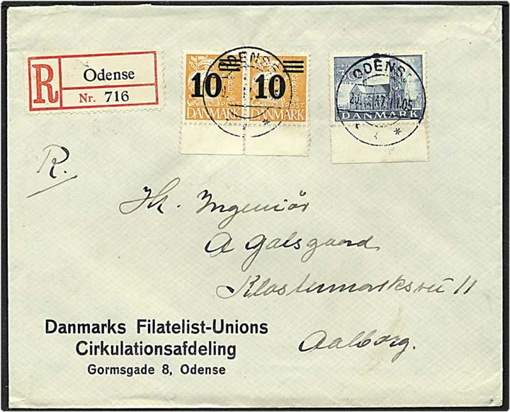 10/30 øre orange karavel og 30 øre blå Ribe Domkirke på Rec. brev fra Odense d. 20.x.1937 til Aalborg.
