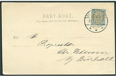 3 øre Tofarvet på lokalt adviskort fra Statsbanedriften i Brønderslev d. 30.7.1902. Liniestempel: BRØNDERSLEV.