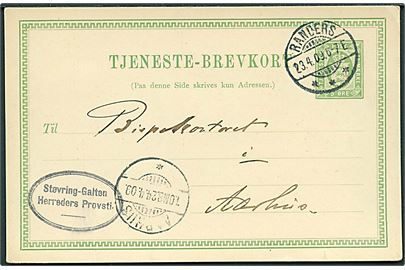 5 øre tjenestebrevkort fra Randers d. 23.4.1909 til Aarhus.