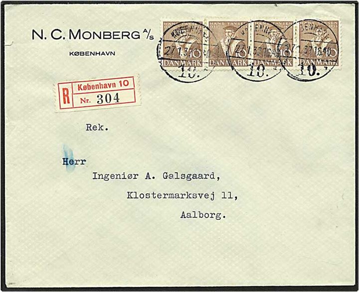 10 øre brun Hans Tavsen på Rec. brev fra København d. 27.1.1937 til Aalborg.