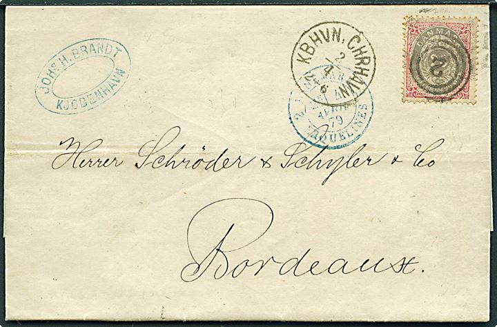 20 øre Tofarvet på brev annulleret med nr.stempel 2 og sidestemplet lapidar Kbhvn:Chrhavn d. 2.4.1879 til Bordeaux, Frankrig.